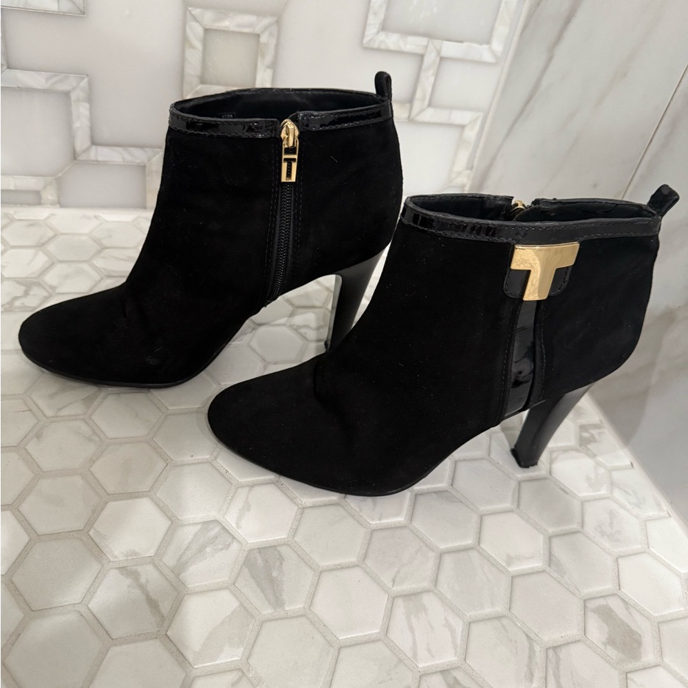 Tory Burch Black Ankle Booties with Gold T Accent. With dust bag